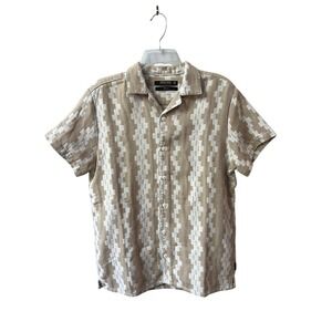 Indicode Textured Knit Short Sleeve Button Down Shirt Mens Small Neutral Geo